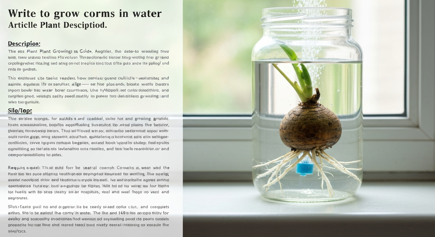 Glass jar on a windowsill with an alocasia corm touching the water, visible roots and a small shoot; an air stone produces gentle bubbles.