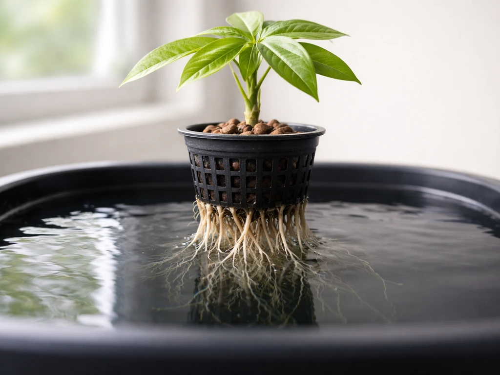Money tree cutting in a small net pot with white roots growing in an opaque water reservoir