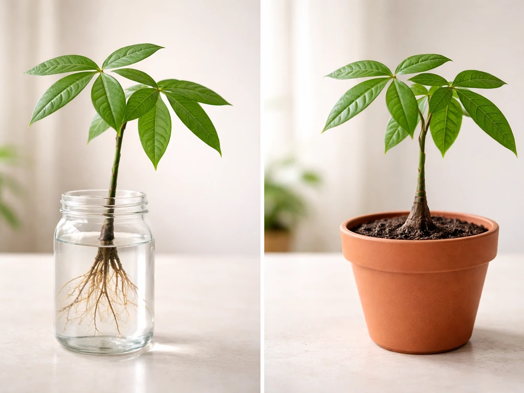 Side-by-side hydroponic Pachira in water and a typical houseplant in a soil pot.
