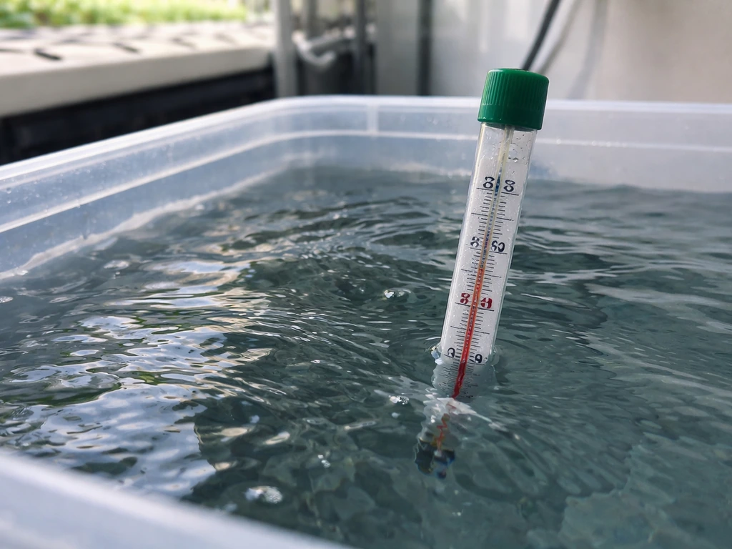 Close-up thermometer reading a water reservoir showing the nutrient solution at a healthy temperature range.