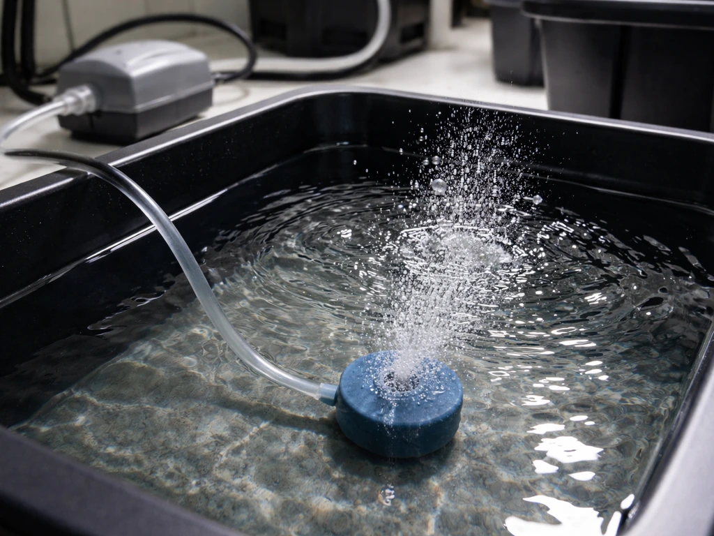 Hydroponic reservoir with an airstone bubbling from an air pump for oxygenated roots
