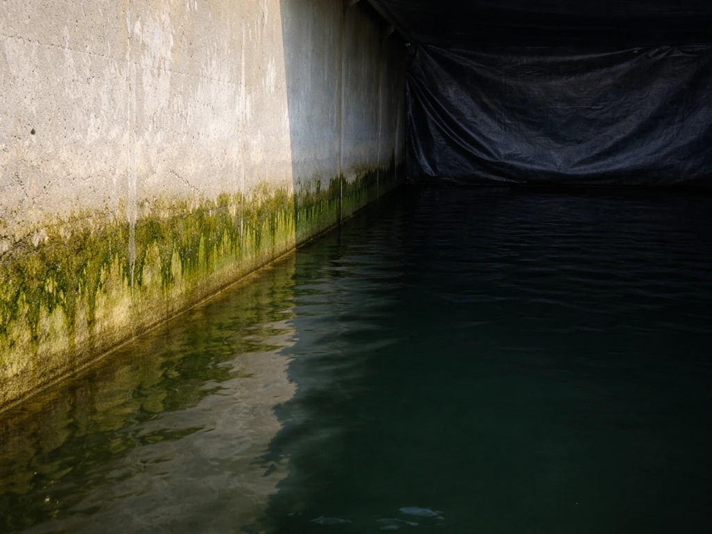 Green algae coating a reservoir wall beside a covered, light-blocked section of the water