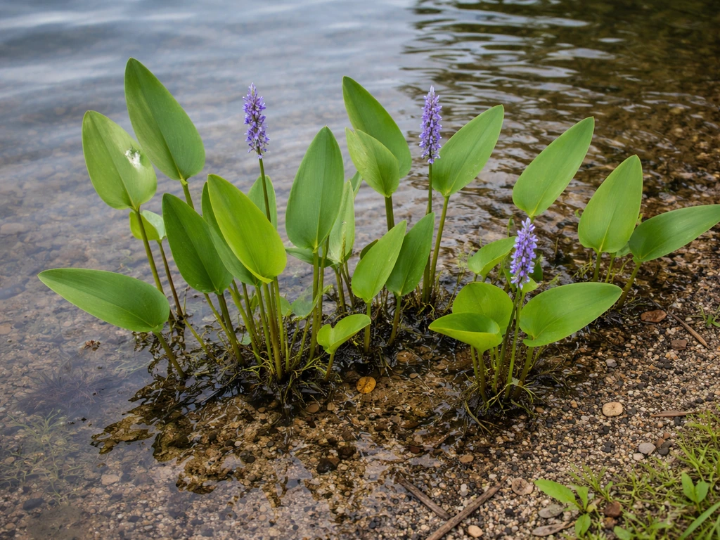 Top-down view of pickerel weed emerging at a pond edge with emergent leaves and small blooms in shallow water.