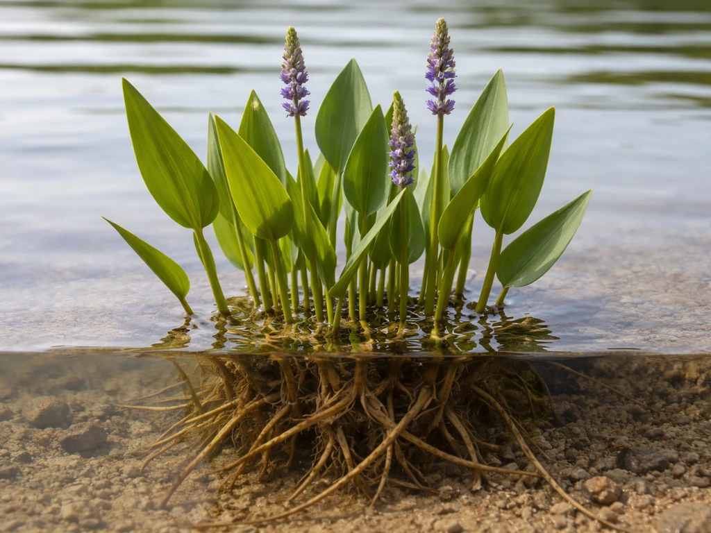 Close-up of pickerel weed clump at the water’s edge with leaves, flower spikes, and underwater rhizomes visible.