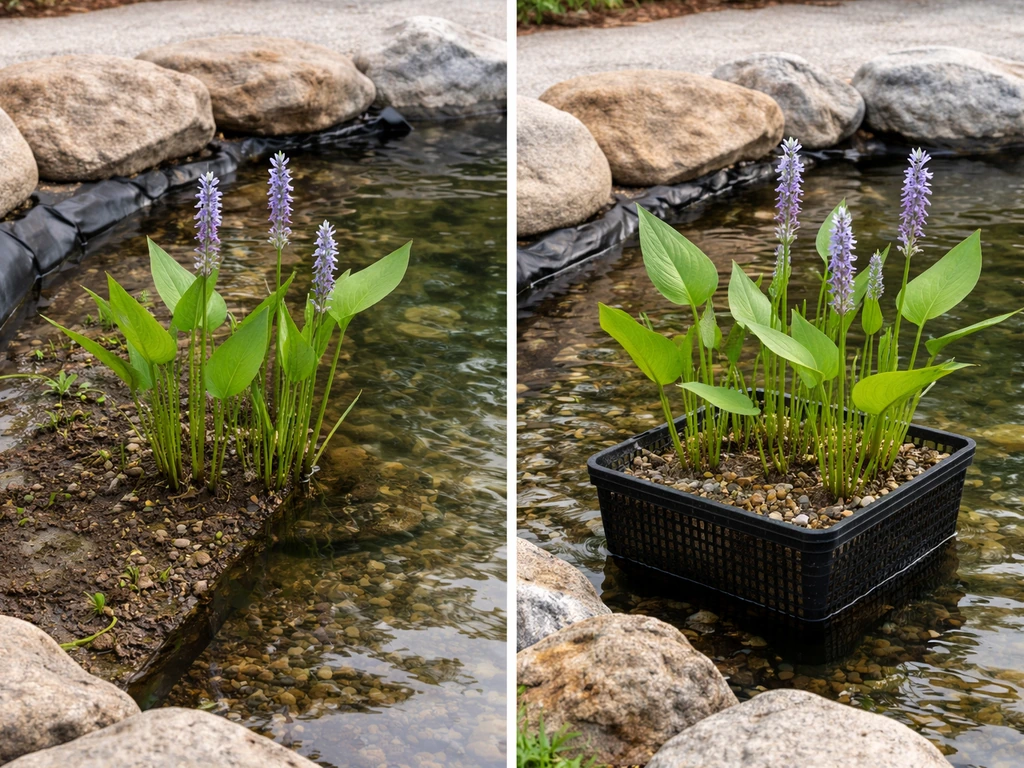 Two simple growing setups side-by-side: in-ground pond margin planting and a raised planter at the waterline.