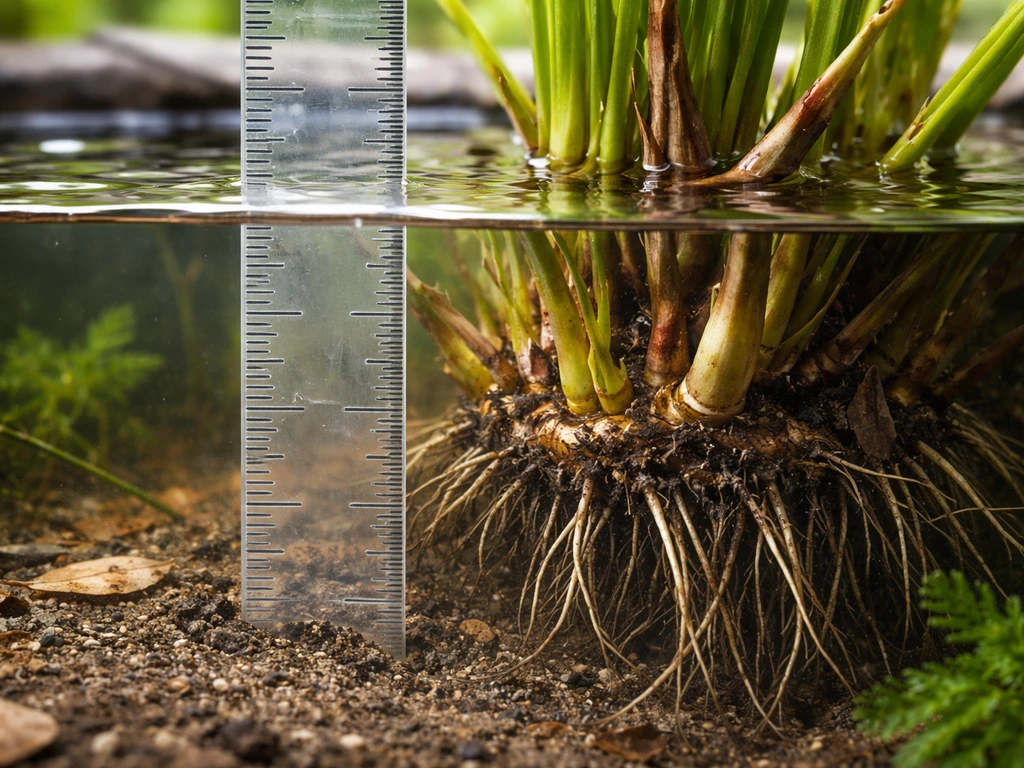 Close-up of a pond edge with a ruler measuring waterline over a planted rhizome crown and visible depth