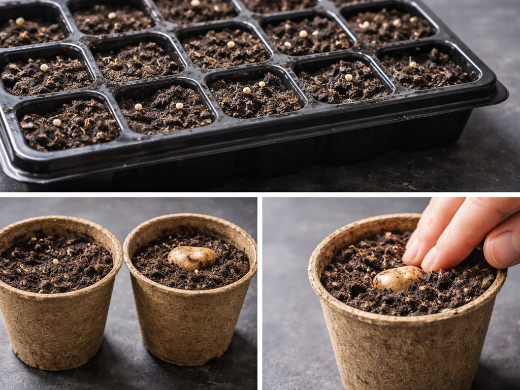 Close-up of a moist seed tray and two small pots showing rhizomes planted too deep vs correctly.