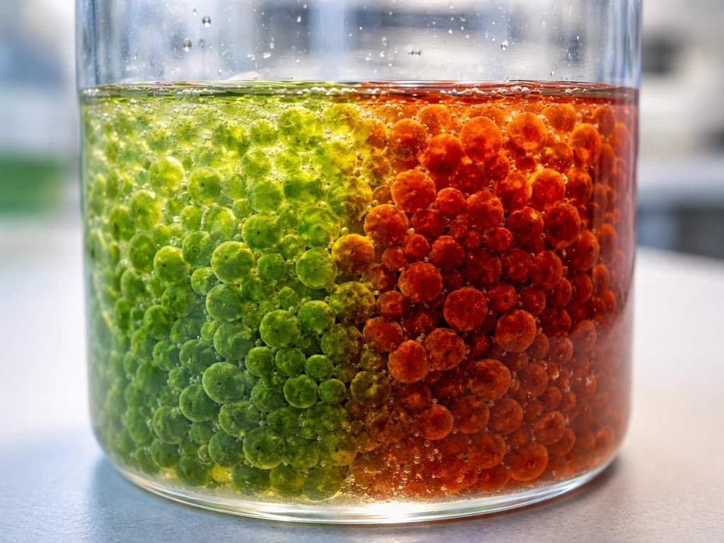 Close-up of a lab culture vessel with green algae cells turning deep red-orange astaxanthin cysts.