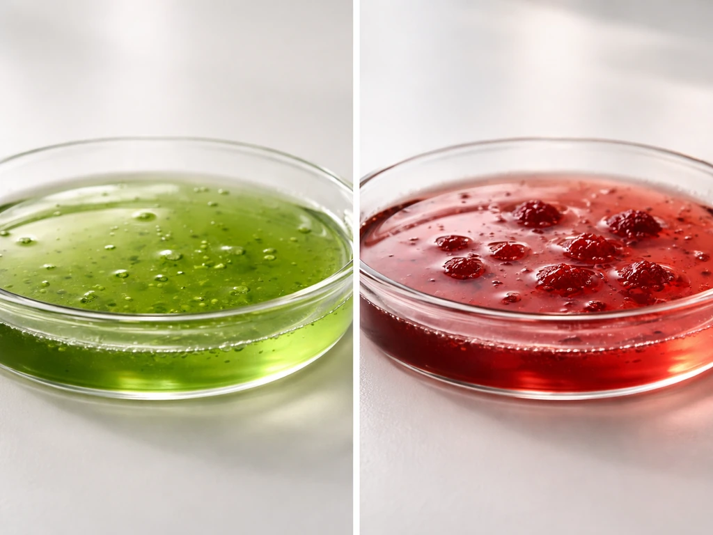 Two clear trays showing green growth conditions on the left and red astaxanthin cysts on the right.