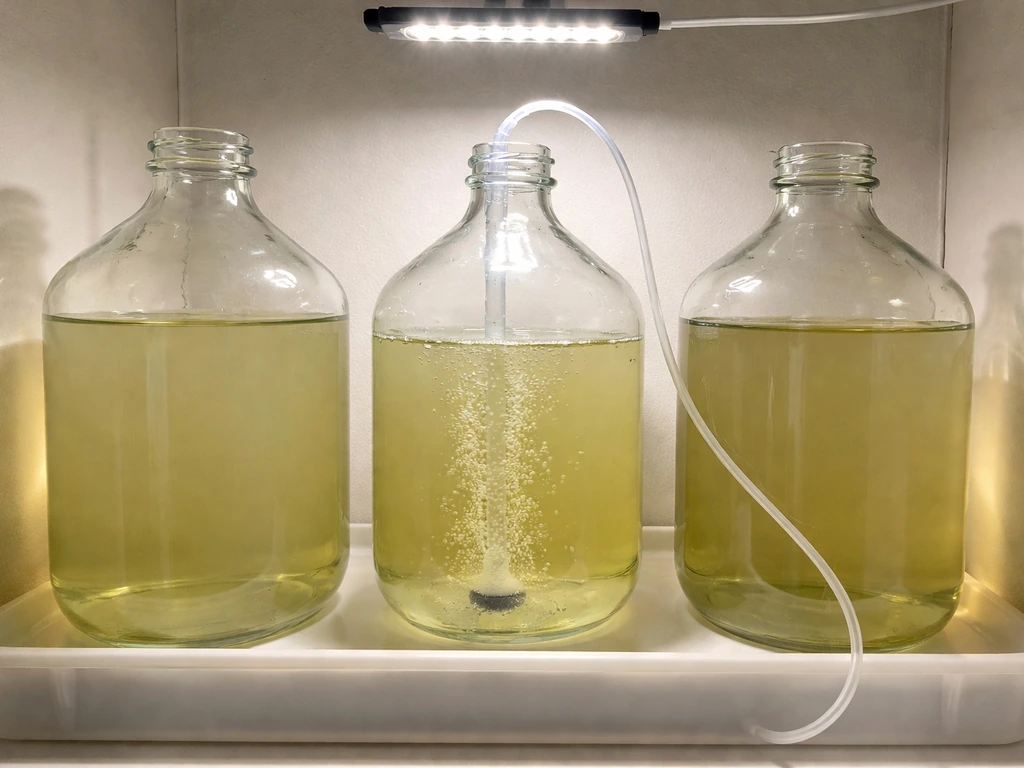 Clear starter bottles under an LED grow light with tubing and a submerged airstone for gentle aeration.