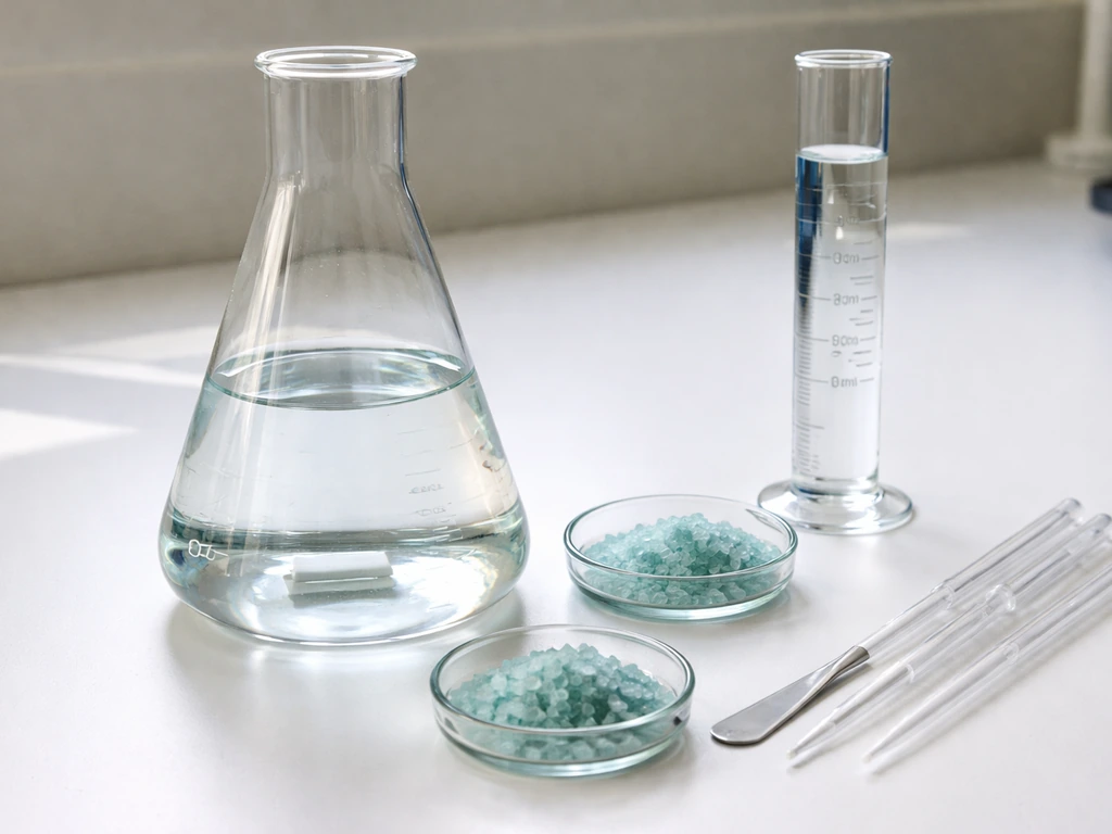 Close-up of sterile mixing setup with salts, distilled water, and a clean flask preparing BG-11 growth medium