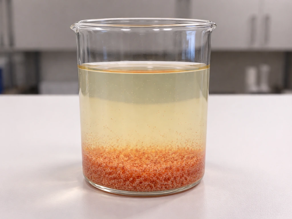 Red-orange cyst biomass settling as a concentrated pellet forms in a clear lab container