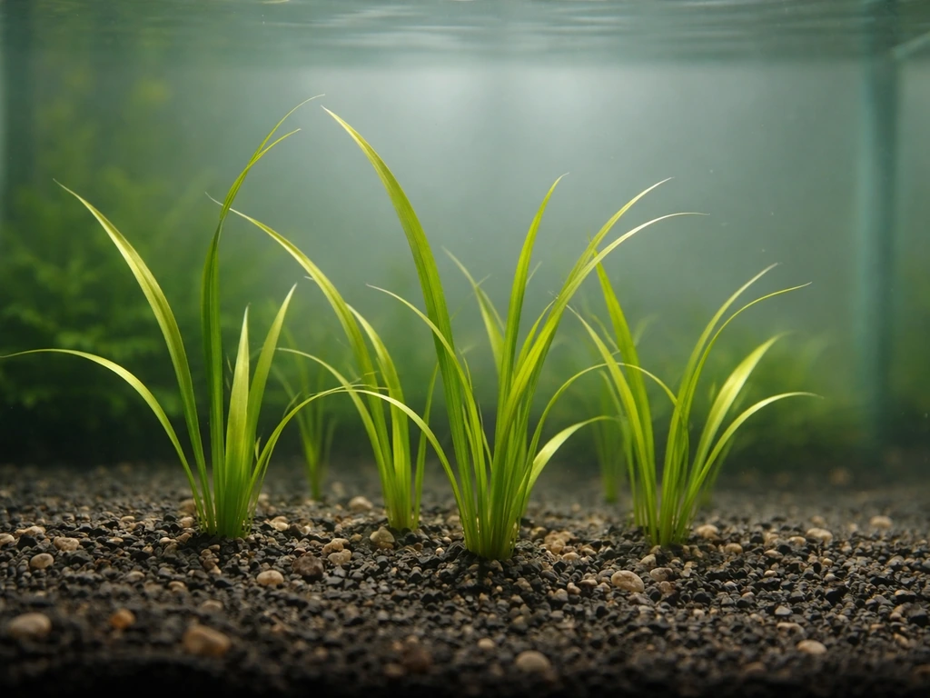 Fresh Vallisneria ribbon leaves rooted in the aquarium substrate in a clean, planted tank foreground.