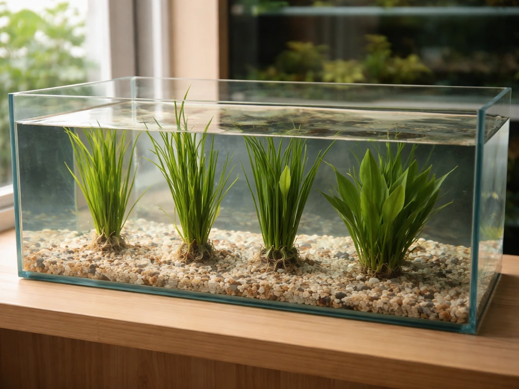 Shallow aquarium tank with several Vallisneria plants showing different leaf widths and lengths.