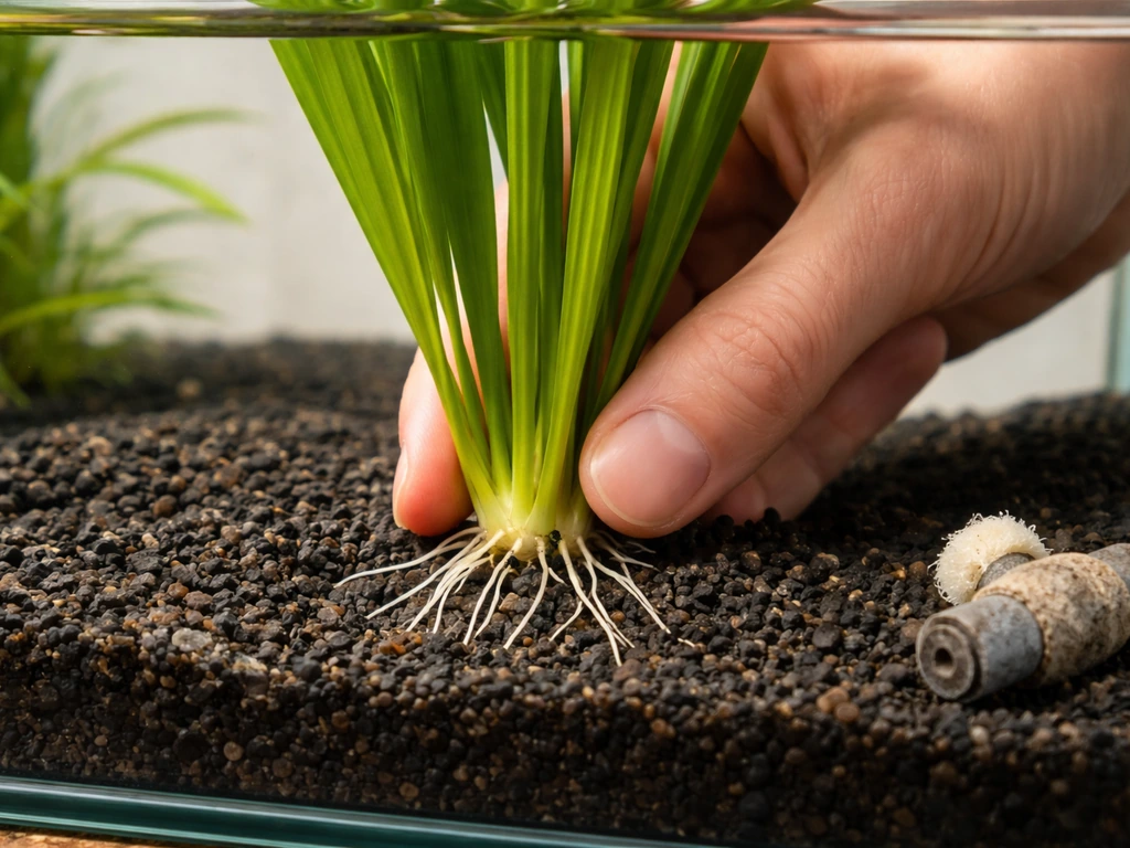 Aquarium gardener planting vallisneria with crown above substrate and roots spread, weights removed