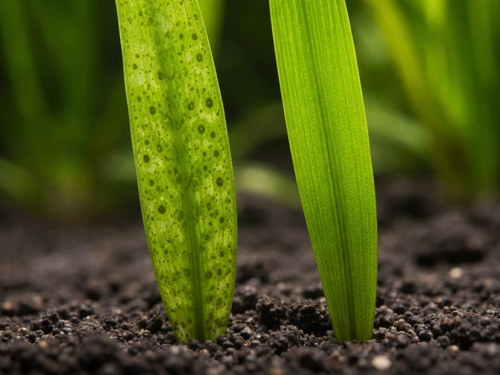 Close-up of vallisneria leaves: one with green spot algae patches, one clean and healthy.